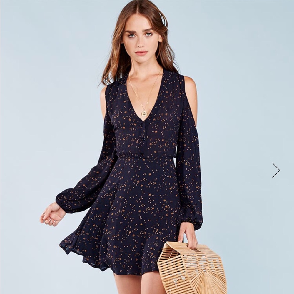 Reformation Navy Cold-Shoulder Mini Dress with Rust Speckle